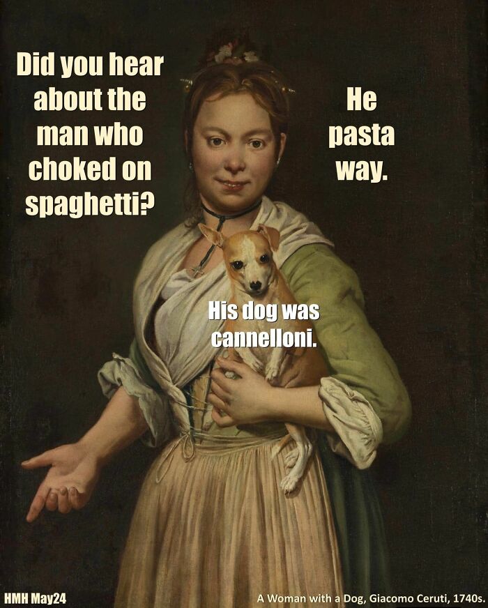 Classical art meme featuring a woman holding a dog with a spaghetti and pasta joke about stupidity.
