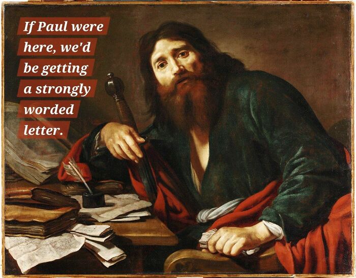 Classical art meme showing a bearded man at a desk with sarcastic text about a strongly worded letter.