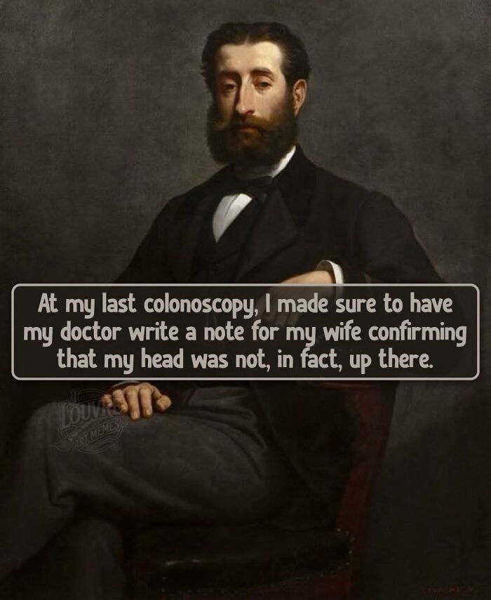 Classical art meme featuring a bearded man with a humorous caption about a colonoscopy and a wife.