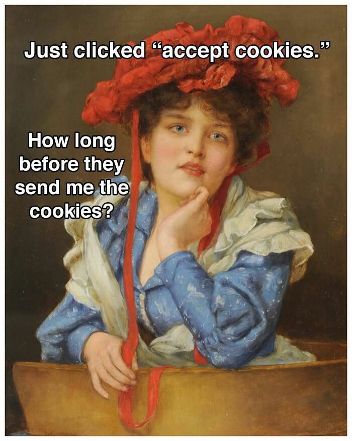 Classical art meme featuring a woman in a red hat humorously questioning cookie consent messages online.