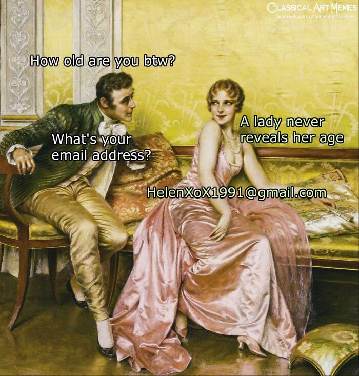 Classical art meme with a man asking personal questions and a woman humorously avoiding revealing her age or email.