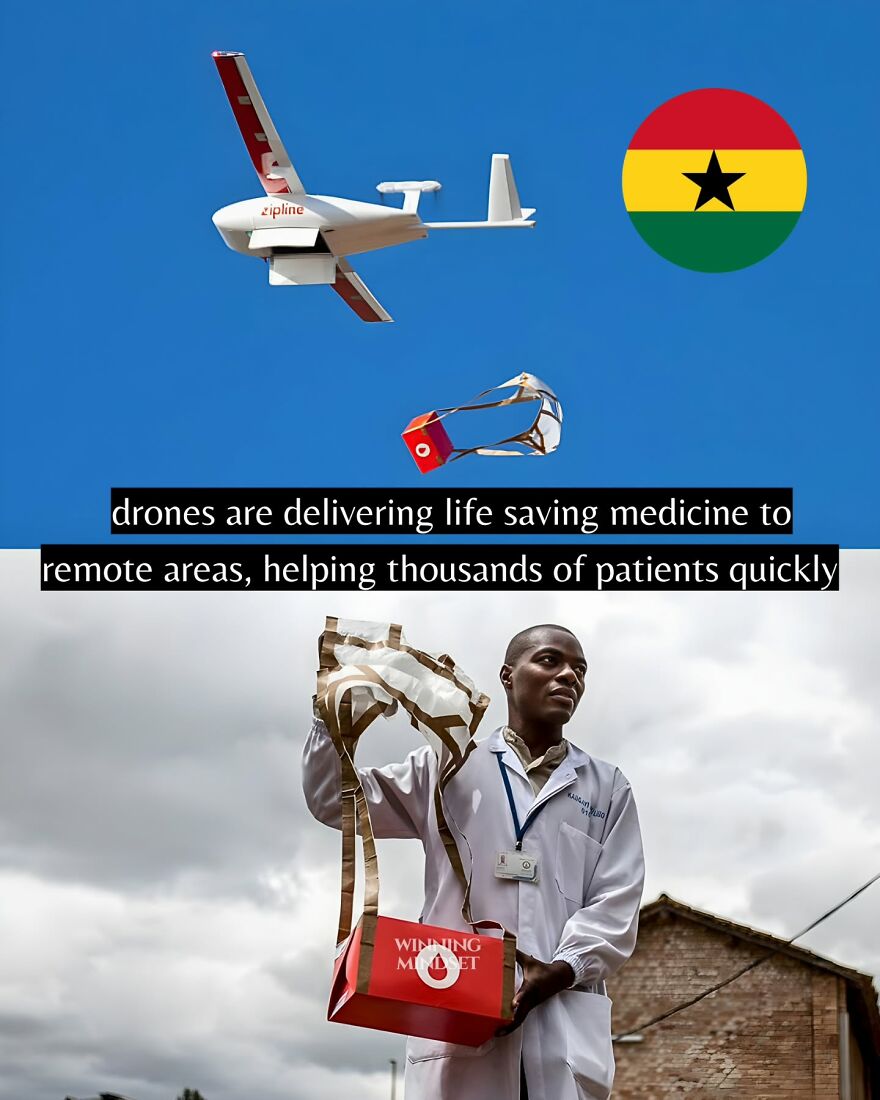 Drone delivering life-saving medicine to remote areas, showcasing good news for those tired of negative headlines.