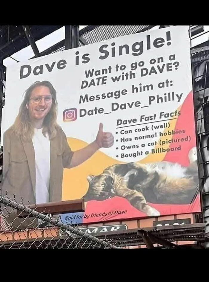 Billboard sign showing a humorous dating ad for Dave with funny signs designed to make people laugh or do a double take.