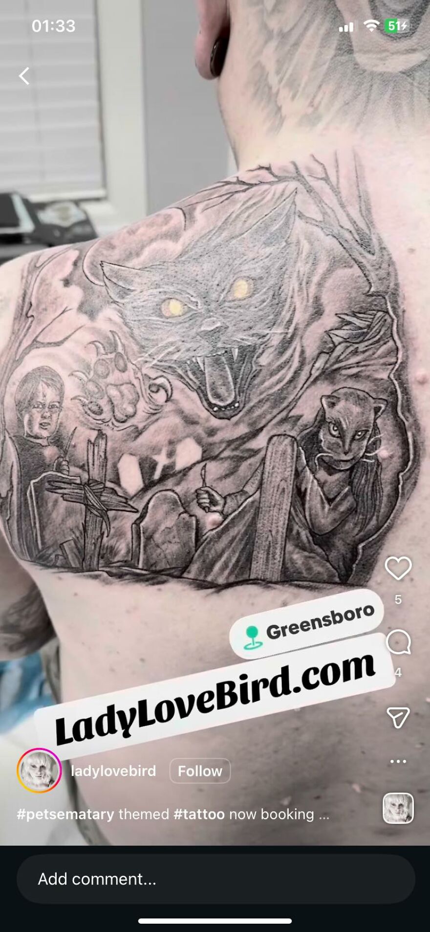 Back tattoo featuring a detailed horror-themed cat and characters, showcasing tattoos that make you question the art.