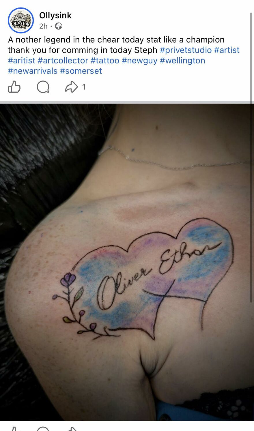 Heart-shaped tattoo with the name Oliver Ethan and colorful shading on a person's shoulder, showcasing unique tattoo art.