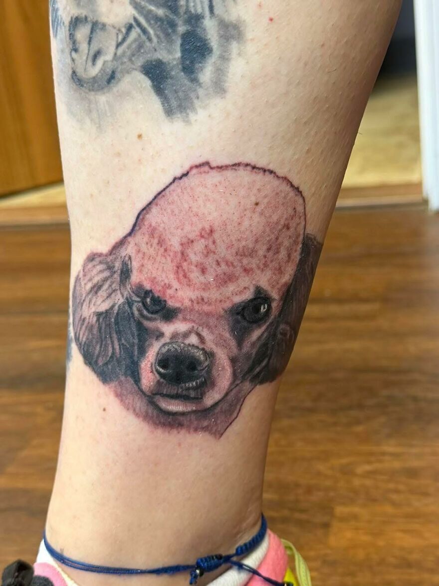 Unusual dog tattoo on leg with detailed but questionable design showcasing unique and questionable tattoo art.