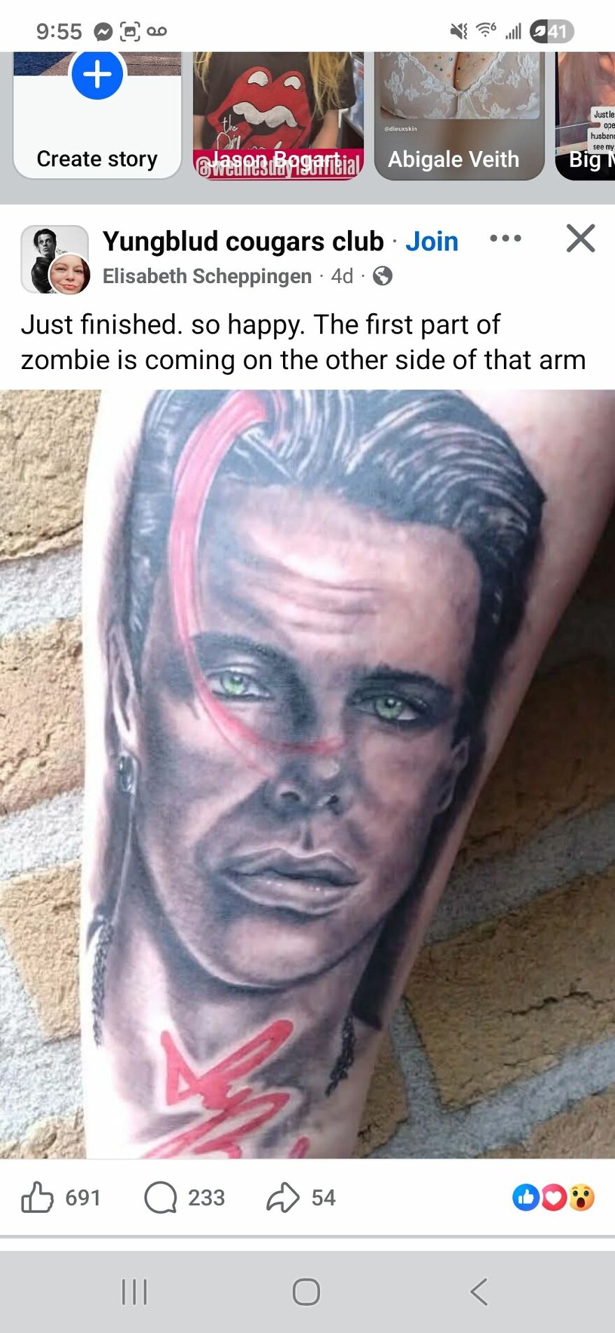 Realistic portrait tattoo on forearm with green eyes and red markings, showcasing unusual tattoos that make you question choices.