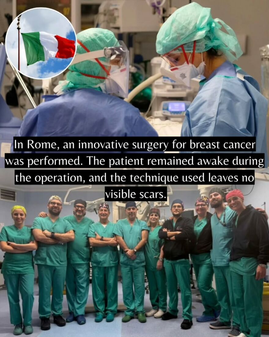 Medical team in Rome performing innovative breast cancer surgery with no visible scars offering good news for patients and healthcare progress.