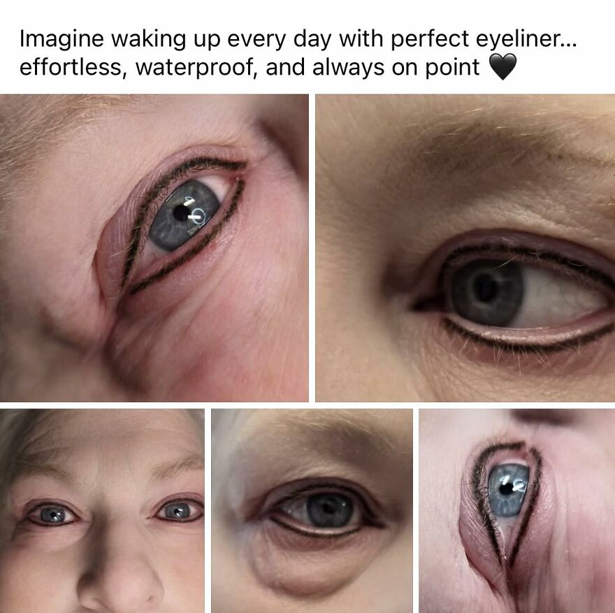Close-up images of unusual eyeliner tattoos on eyelids, showcasing controversial tattoo art and questionable designs.