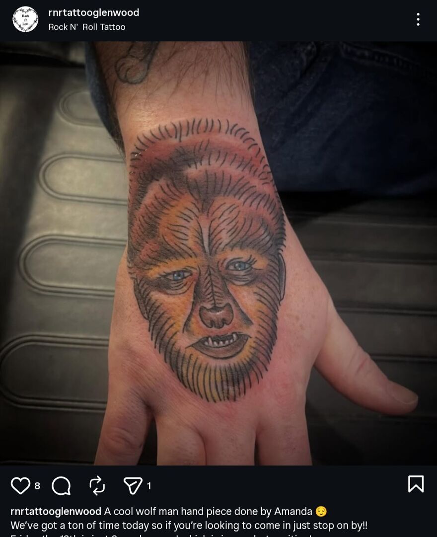 Tattoo of a wolf man face on hand with detailed line work, an example of tattoos that make you question the art and the artist