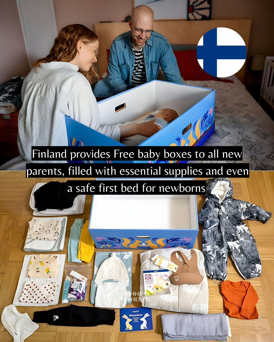 Happy parents with a newborn baby and a baby box from Finland filled with essential supplies and a safe first bed.