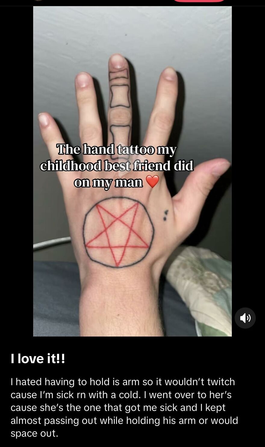 Hand tattoo with a red pentagram and black bone outline on fingers, showcasing unusual and questionable tattoo art.