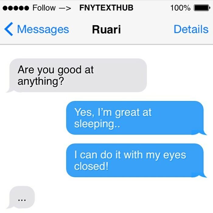 Text conversation showing a funny exchange about being good at sleeping with eyes closed in humorous texts.