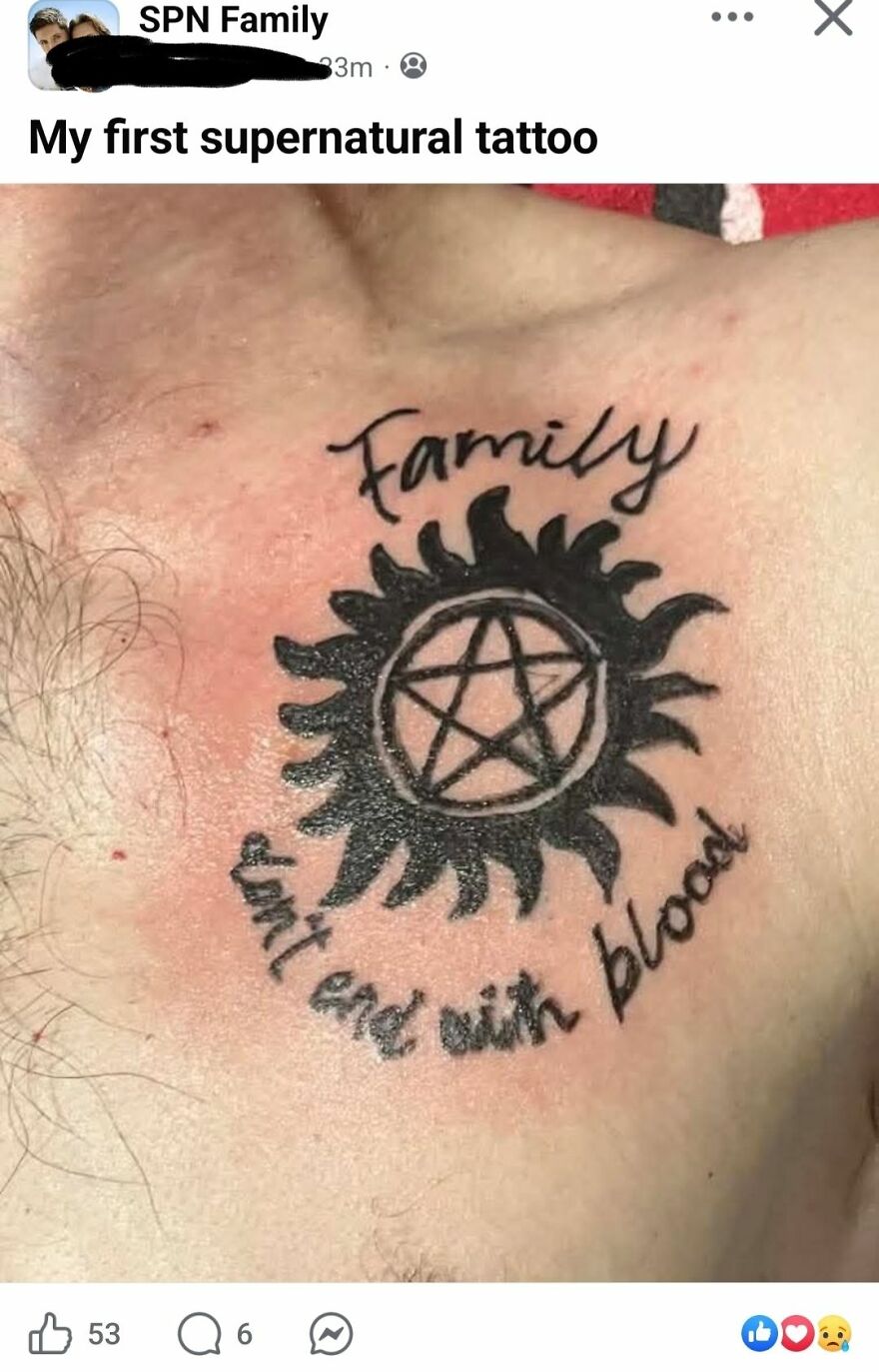Black supernatural tattoo on chest with a sun, pentagram, and text questioning tattoos and their artists.