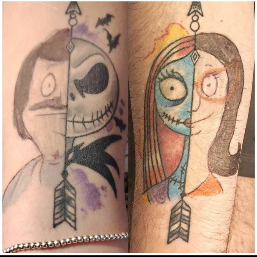 Two questionable tattoos showing split-face designs of characters, highlighting unusual art styles and e*******n.