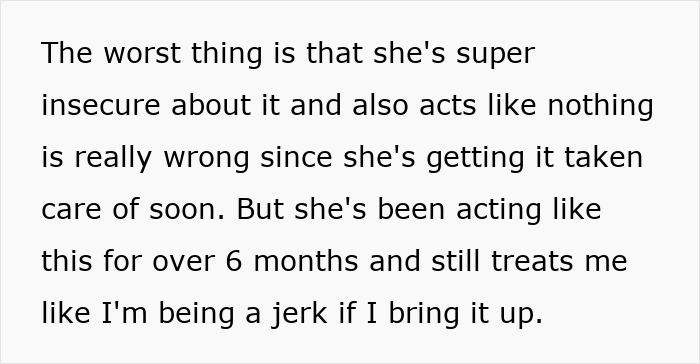 Text excerpt about wife insecure and untreated lice for over 6 months causing relationship tension and frustration.