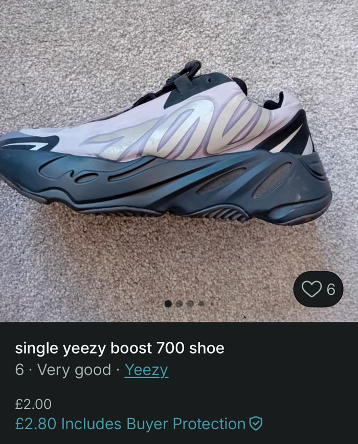 Single Yeezy Boost 700 shoe listed on Vinted with six likes, highlighting hilarious listings that break all the Vinted rules.