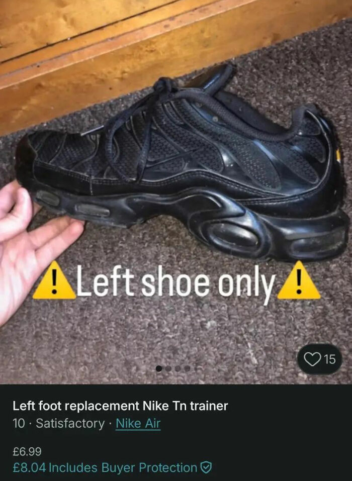 Black Nike Tn left shoe only sneaker listing on carpet, highlighting hilarious Vinted listings with zero rules.