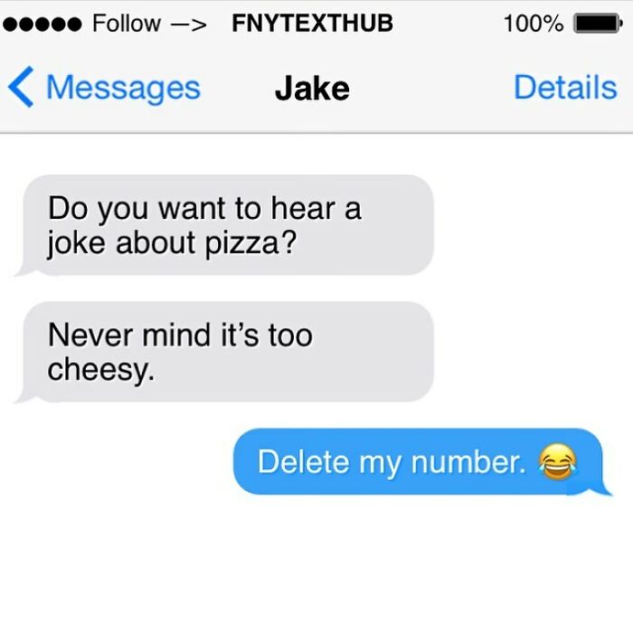 Text message conversation showing a cheesy pizza joke followed by a humorous reply in funny texts and real conversations.
