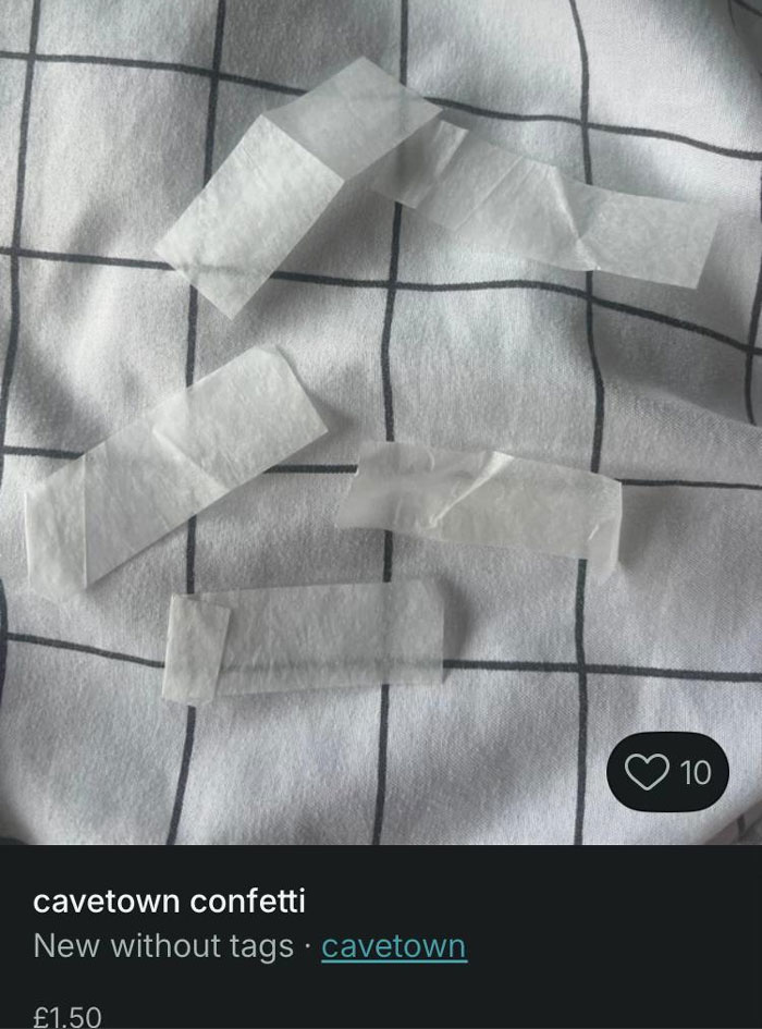 Clear tape pieces arranged on a checkered fabric background, illustrating funny and unusual Vinted listings.