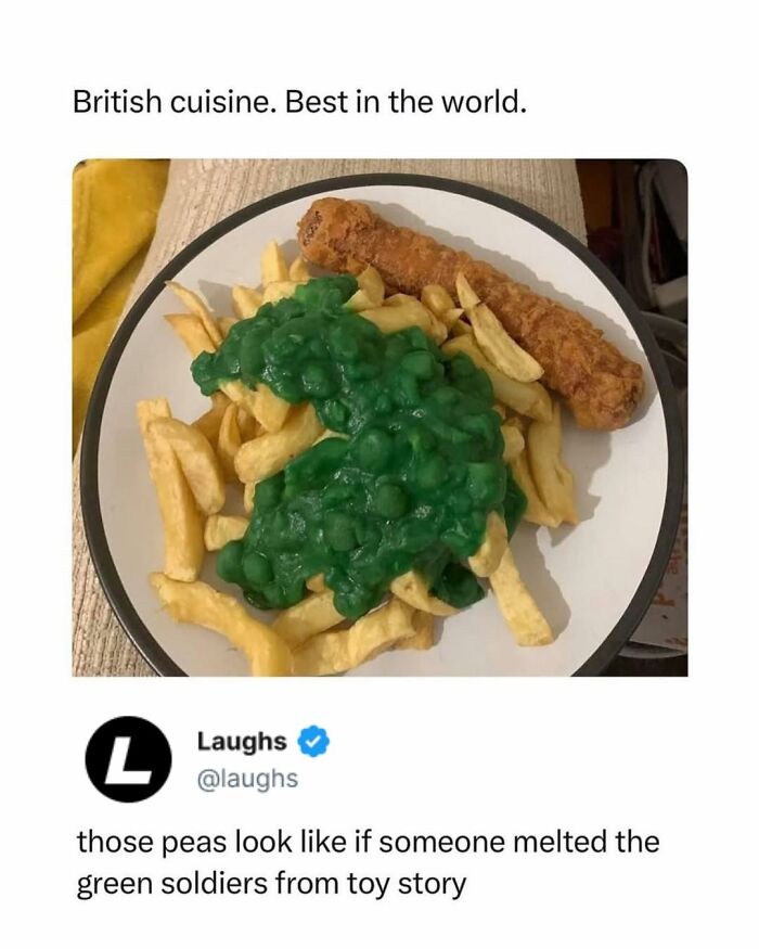 Plate of fries with green mushy peas and a fried item, featured in a funny memes collection about being a responsible adult.