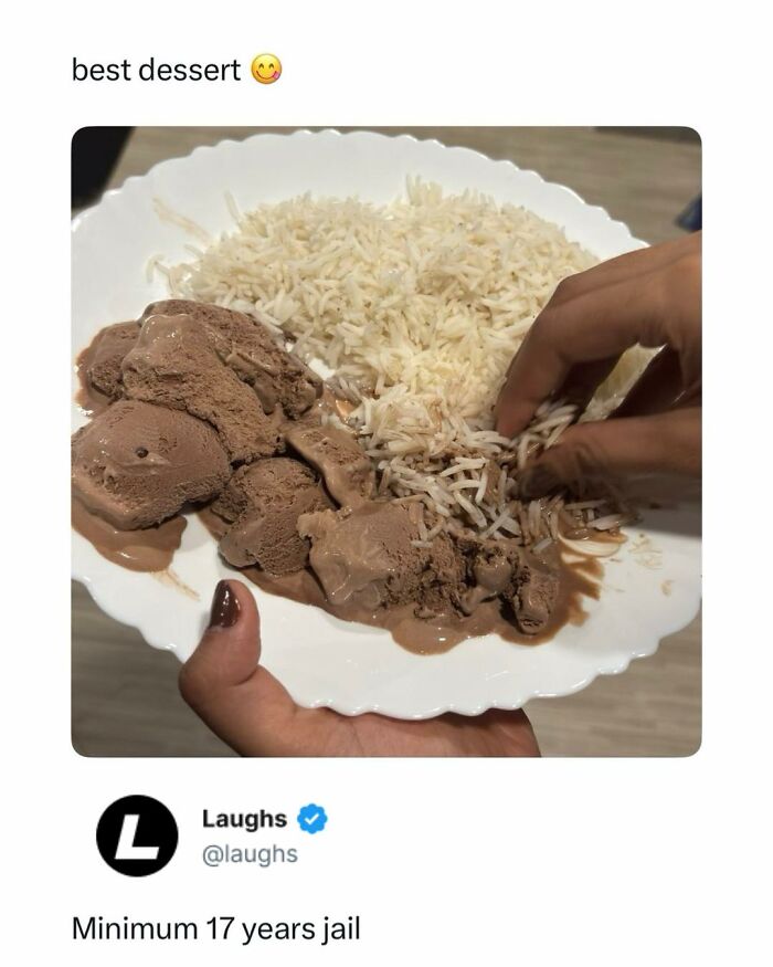 Hand eating rice and chocolate ice cream on plate, a funny meme for a break from being a responsible adult.
