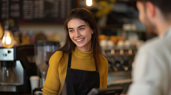 Young woman barista smiling and engaging with a customer, illustrating Gen Z reactions and the Gen Z stare topic.
