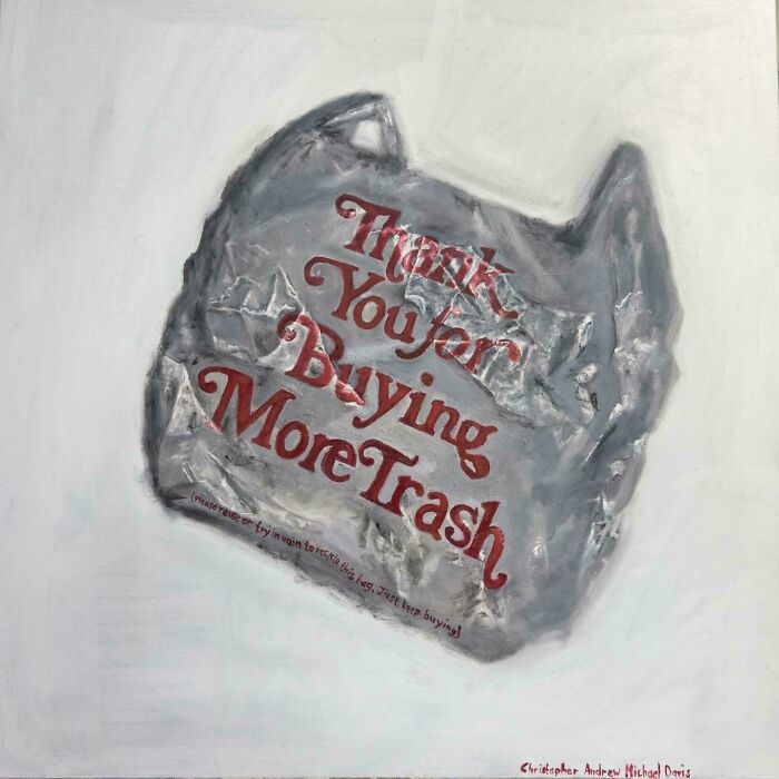 Painting of a plastic bag with text highlighting consumerism and environmental impact from 400% price difference.