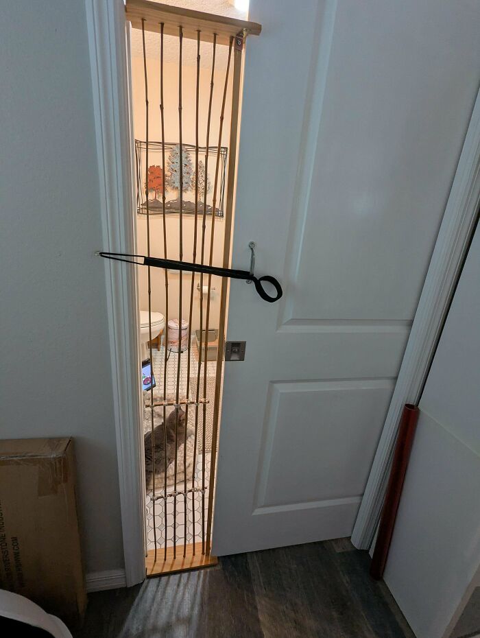 Homemade redneck engineering door barrier with wooden slats and a metal hook latch to block access to a bathroom doorway.
