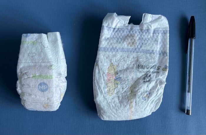 Amazing photos comparing a tiny diaper, a standard diaper, and a pen, offering new pics for perspective.