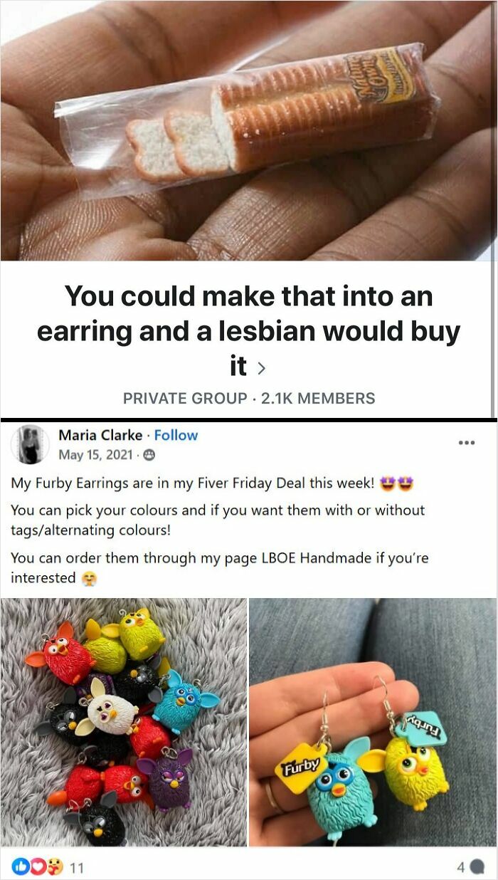 Miniature food and Furby earrings showcased in quirky Facebook groups proving the internet is a weird and loved place.