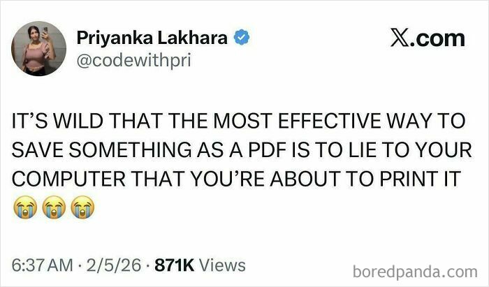 X post humor showing a funny tweet about saving files as PDF by pretending to print, part of chaotic posts.