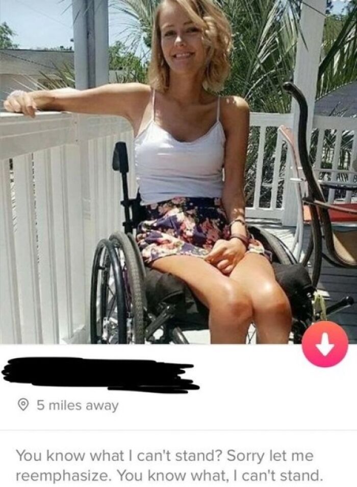 Young woman sitting in a wheelchair on a porch, featured in a funny and cringeworthy Tinder profile screenshot.