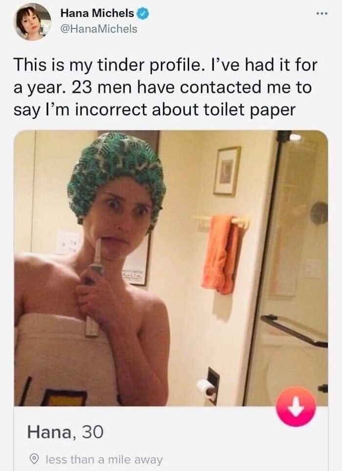 Woman in a towel and shower cap brushing teeth, shown in a humorous tinder profile from funny tinder profiles collection.