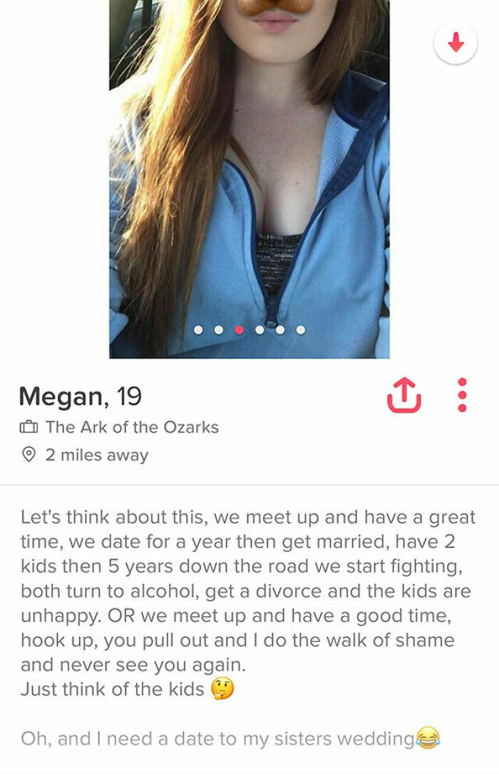 Tinder profile of Megan, 19, sharing humorous and cringe-worthy dating thoughts on her bio.