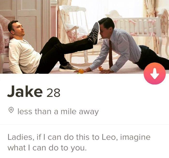 Hilarious Tinder profile showing a creative photo with a playful challenge to potential matches nearby.