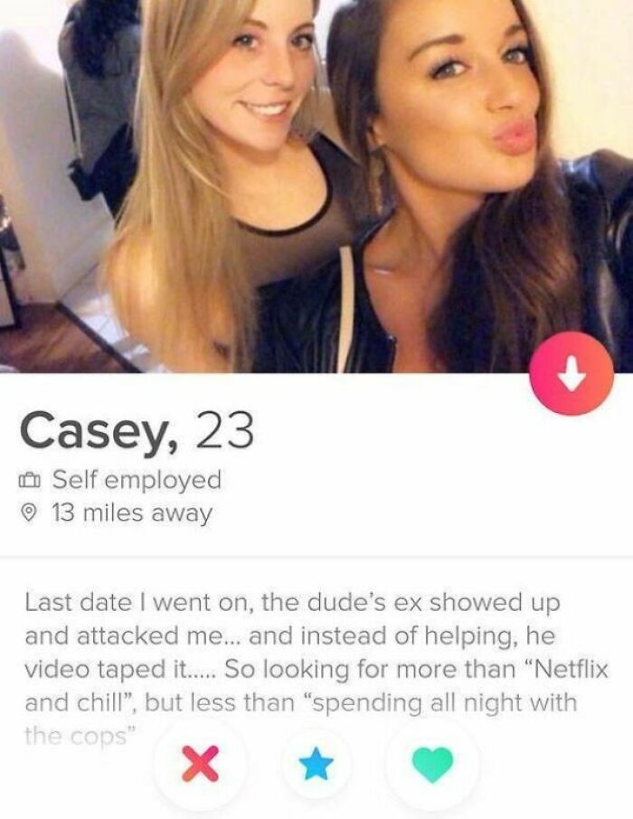 Tinder profile of Casey, 23, sharing a funny and cringe-worthy dating story in a selfie with another woman.