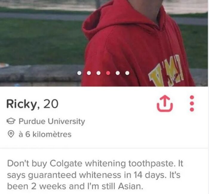 Tinder profile of Ricky, 20, from Purdue University with a humorous dating bio about whitening toothpaste and identity.