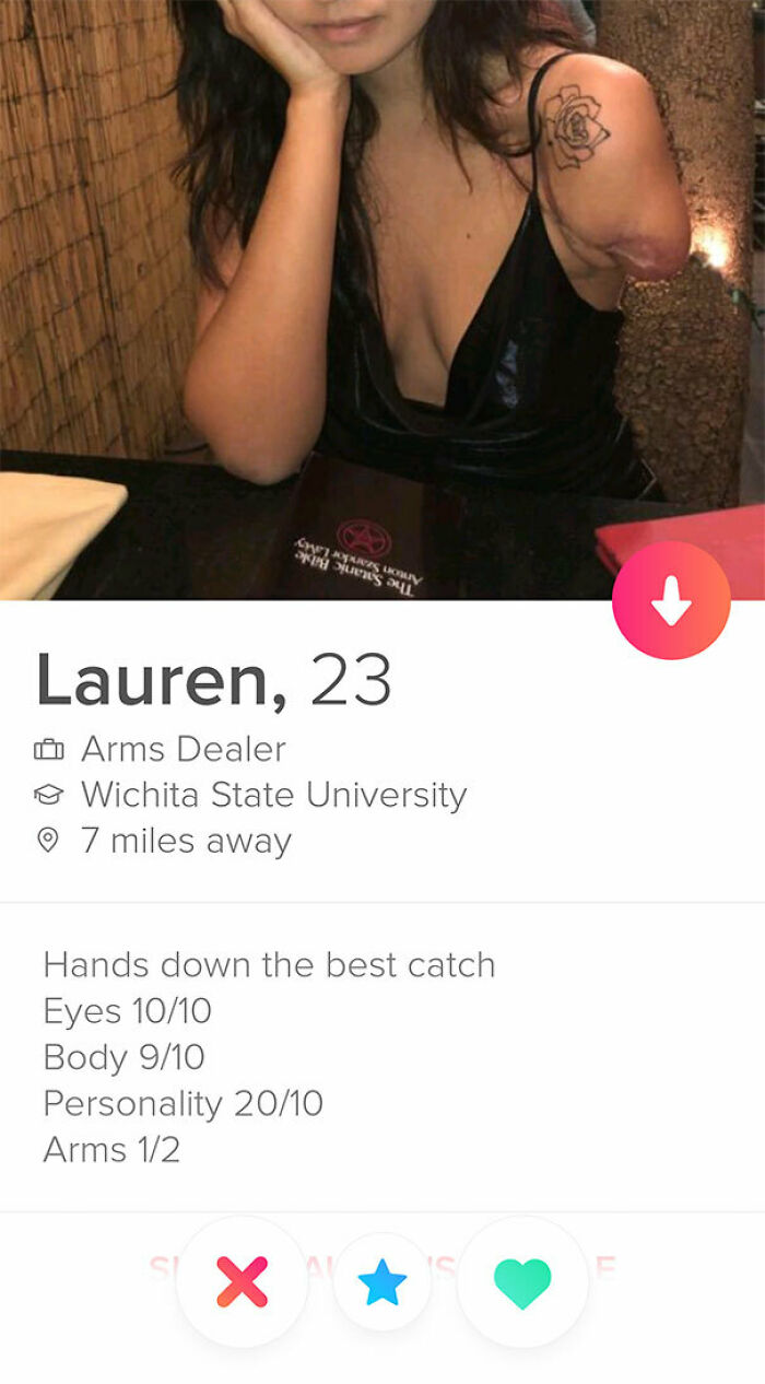 Tinder profile of Lauren, 23, with a witty bio rating personality high and humorously noting her arm count.