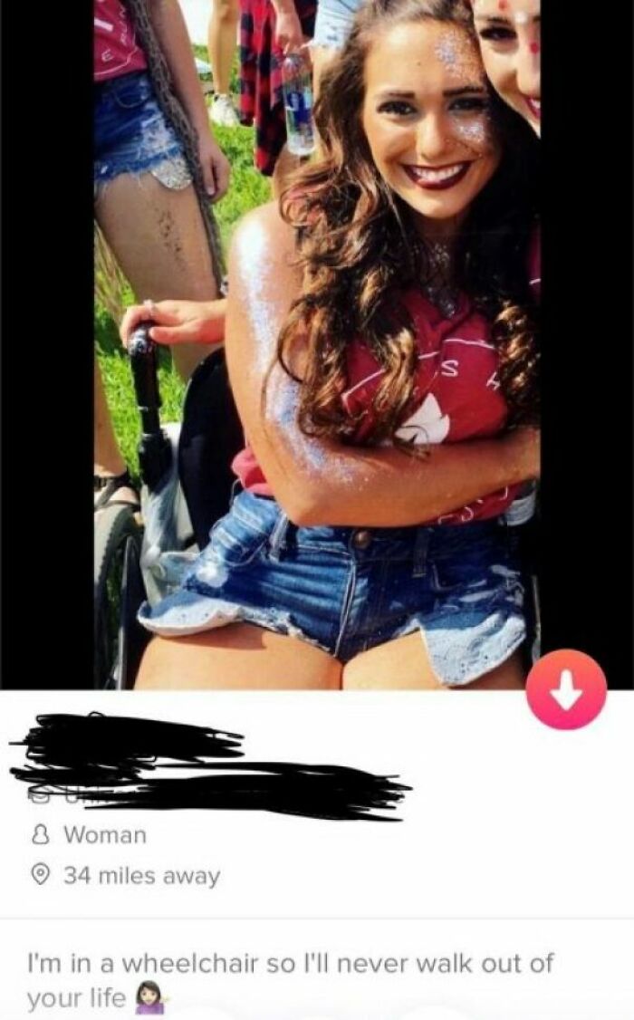 Smiling woman with glitter on face and arms wearing denim shorts and a red top, featured in funny Tinder profiles collection.