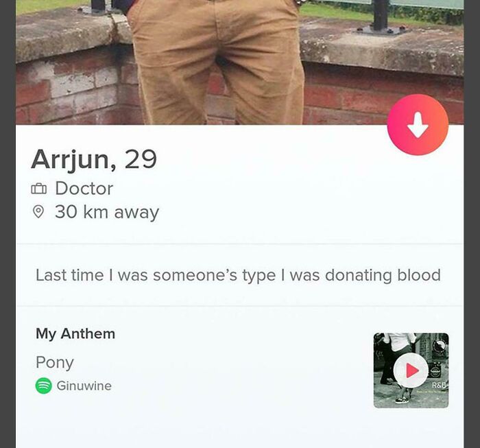 Tinder profile of 29-year-old doctor with a funny bio about donating blood and song Pony by Ginuwine.