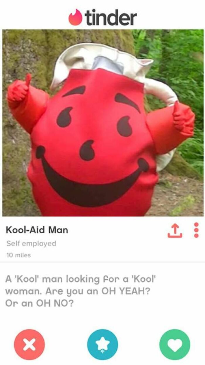 Tinder profile of Kool-Aid Man costume humorously seeking a match, highlighting funny Tinder profiles people share.