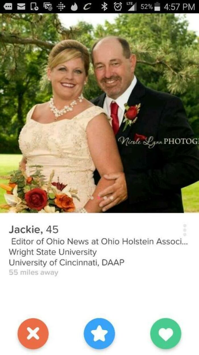Wedding photo of a smiling couple in formal attire featured in a Tinder profile from dating profiles that made people laugh.