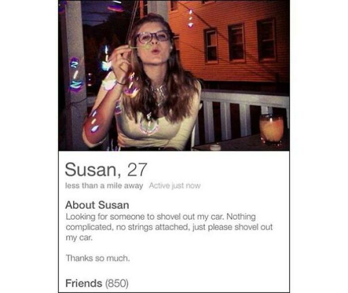 Woman blowing bubbles on a porch at night with a humorous Tinder profile about shoveling a car.