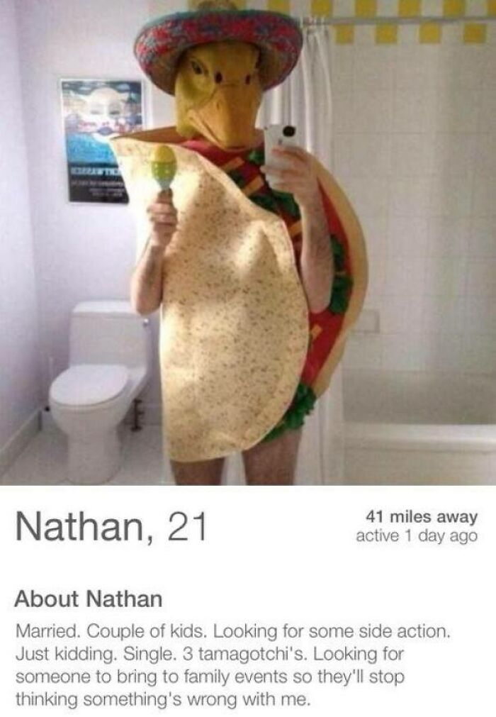 Person in a taco costume taking a mirror selfie on a humorous Tinder profile that made people laugh and cringe.