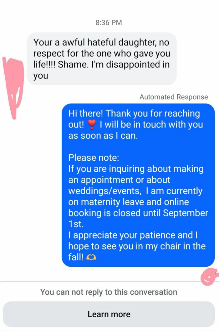 Text message showing entitled family member calling daughter hateful followed by automated polite response about maternity leave.