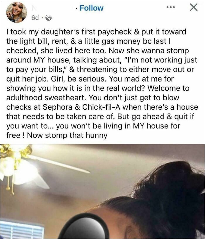 Social media post showing a delusional family member arguing about entitlement and paying household bills.