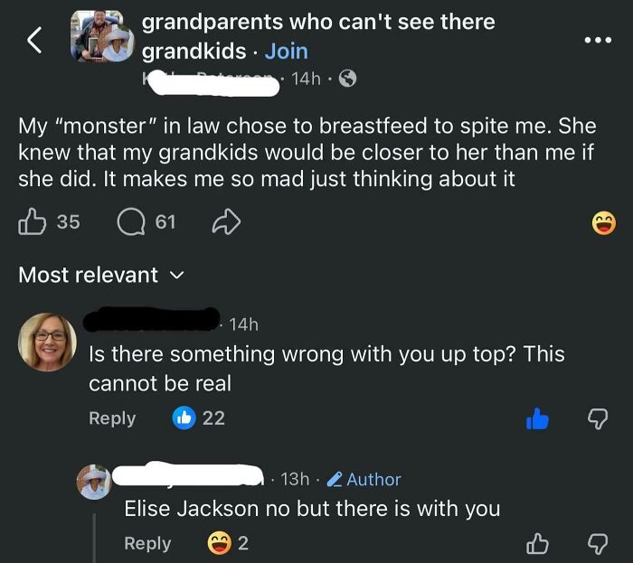 Screenshot of a social media post showing entitled family members arguing about breastfeeding to gain closeness with grandkids.