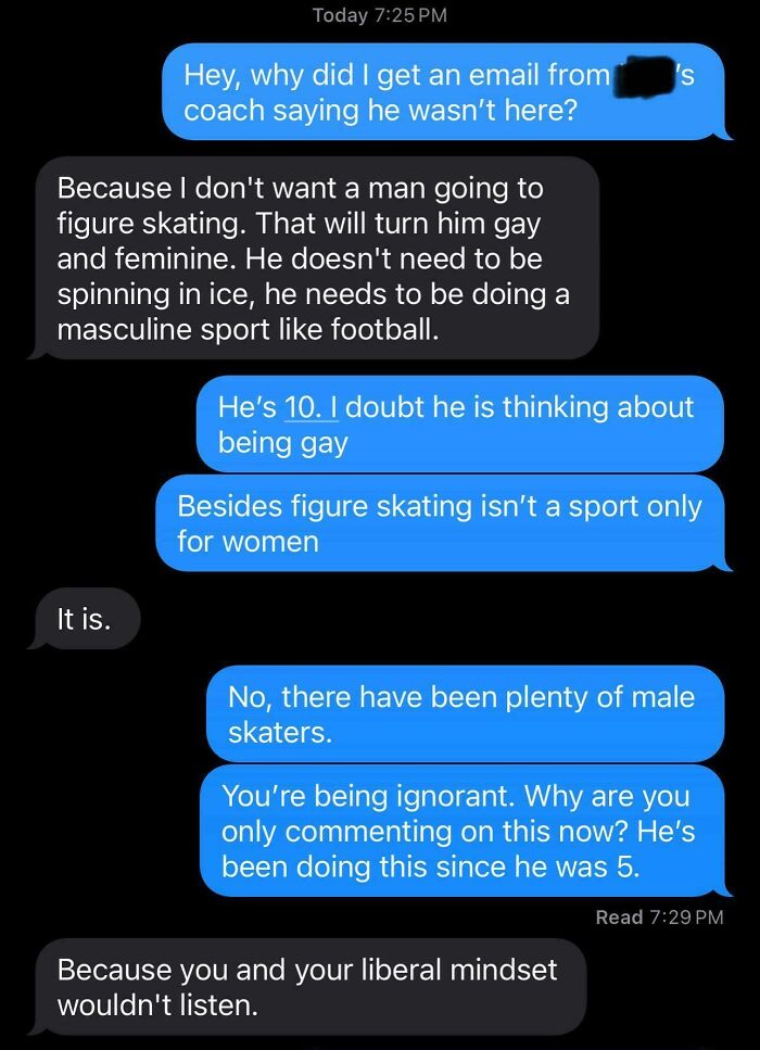 Text message exchange showing entitled and delusional family opinions on boys playing figure skating versus masculine sports.