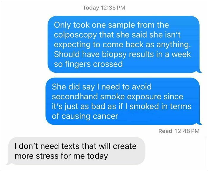Text message exchange showing a family member expressing entitlement by refusing stressful health updates.